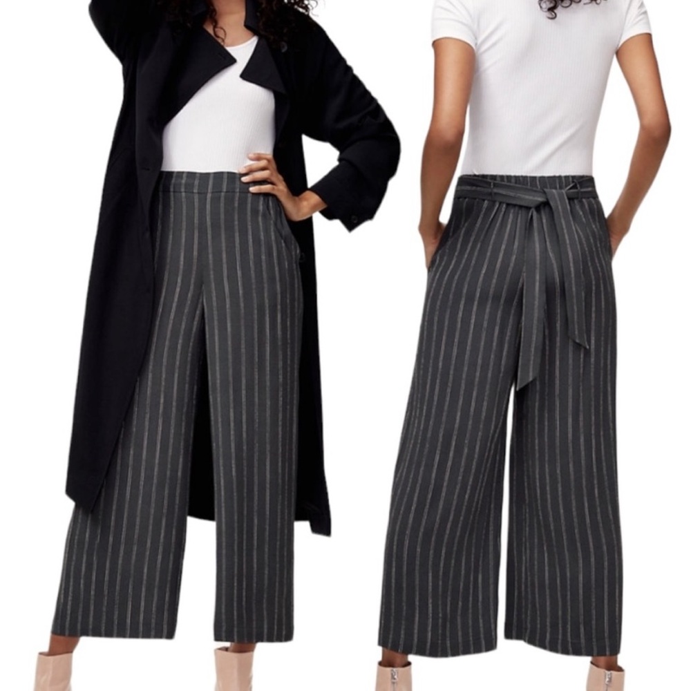 Wilfred Aritzia Faun Pant in Kinetic/Oak navy blue striped wide legs